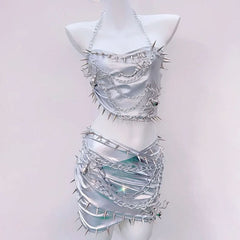 Metal chain halter rivet applique metallic mini skirt set