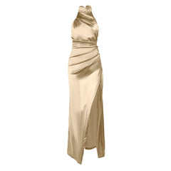 Halter ruched slit irregular zip-up maxi dress