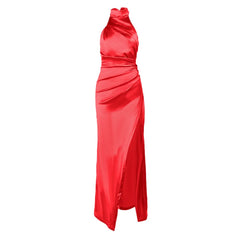 Halter ruched slit irregular zip-up maxi dress