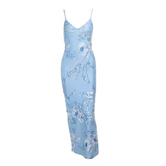 V neck flower print backless cami maxi dress