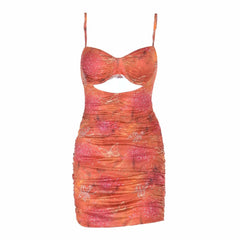 Ruched hollow out v neck print cami cut out mini dress