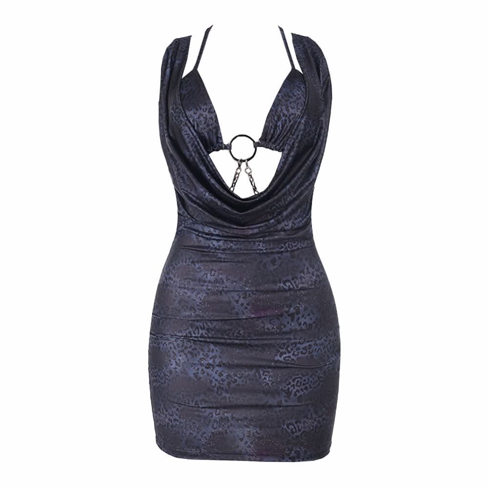 Metal chain o ring self tie print mini dress