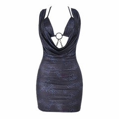 Metal chain o ring self tie print mini dress