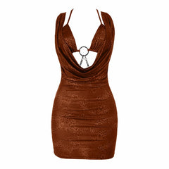Metal chain o ring self tie print mini dress