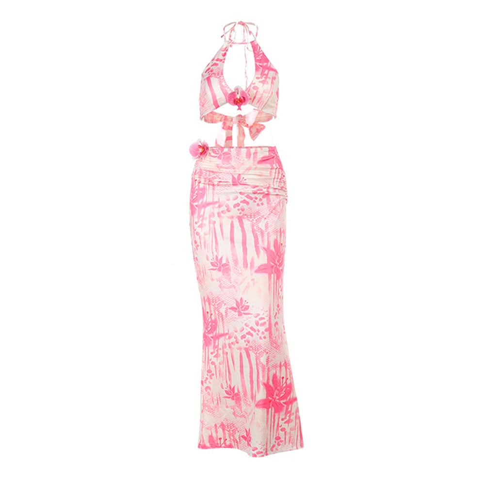 Ruched flower applique print halter maxi skirt set