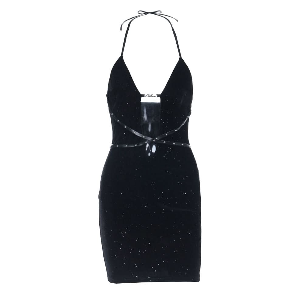 Hollow out halter self tie zip-up cut out mini dress