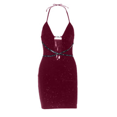 Hollow out halter self tie zip-up cut out mini dress