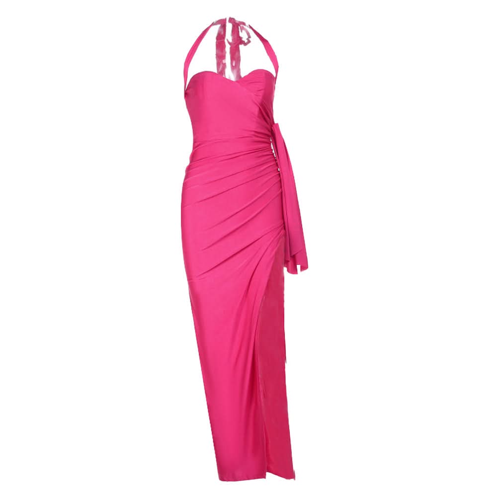 Halter self tie ruched v neck slit maxi dress