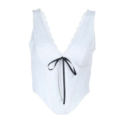 Lace hem v neck corset ribbon tank top