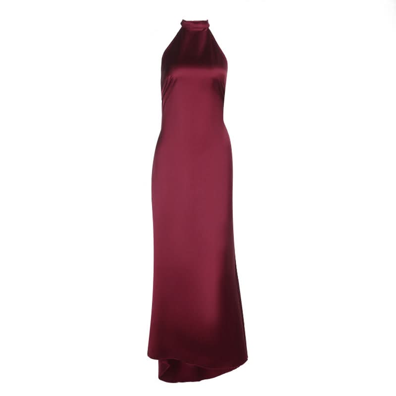 Satin halter backless solid maxi dress