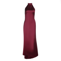Satin halter backless solid maxi dress