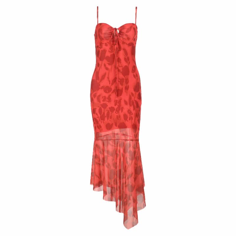 Irregular print self tie cami midi dress