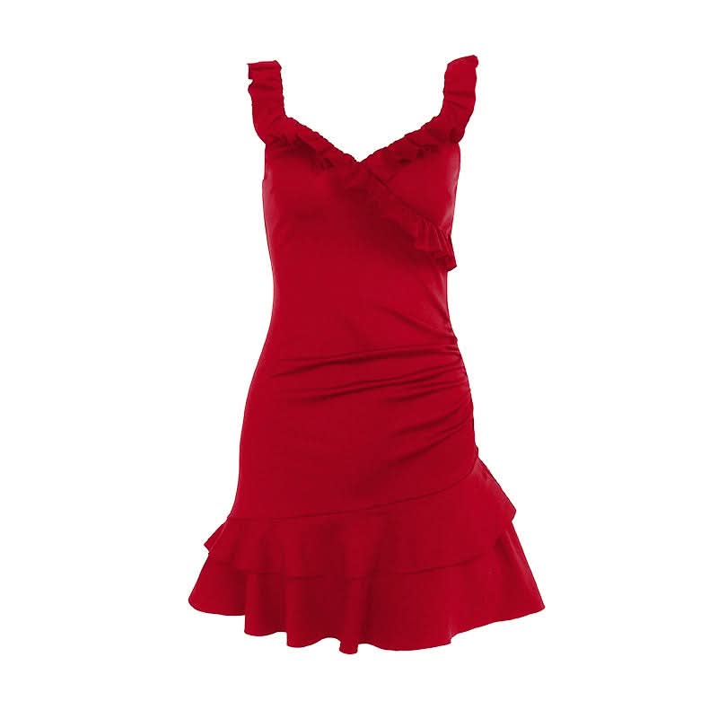 Ruffle v neck ruched irregular mini dress