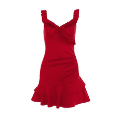 Ruffle v neck ruched irregular mini dress