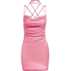 Cross back self tie cowl neck cami mini dress