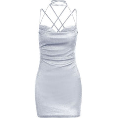 Cross back self tie cowl neck cami mini dress