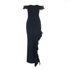 Off shoulder slit ruffle lace hem maxi dress