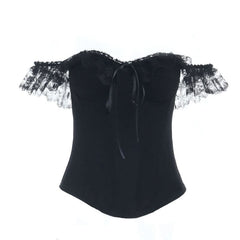 Lace hem off shoulder ribbon zip-up tube top