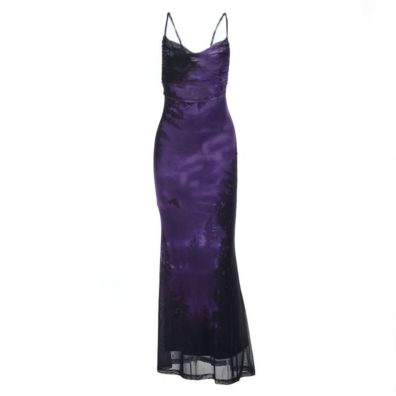 Cross back print ruched cowl neck cami maxi dress