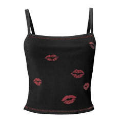Ribbed lips print square neck stitch cami top