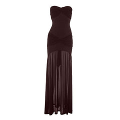 Sweetheart neck ruched mesh tube maxi dress