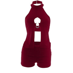 Halter hollow out button solid crop pant set