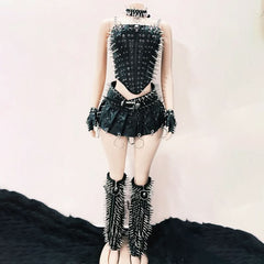Rivet PU leather skull applique lace up cami top