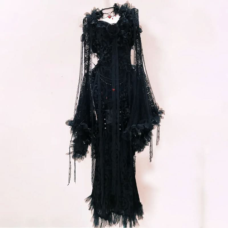 Long sleeve flower applique lace hem shrug maxi dress