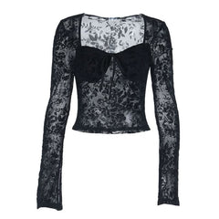 Long sleeve v neck print black top