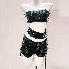 Rivet belt skull applique tube top