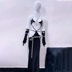 Halter metal chain spider applique hollow out dress