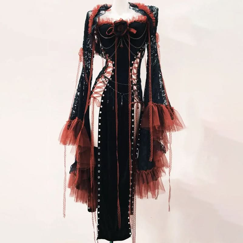 Long sleeve flower applique lace up shrug slit maxi dress