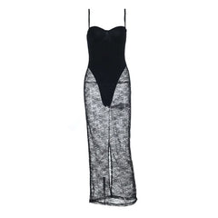 Slit v neck lace backless cami midi dress