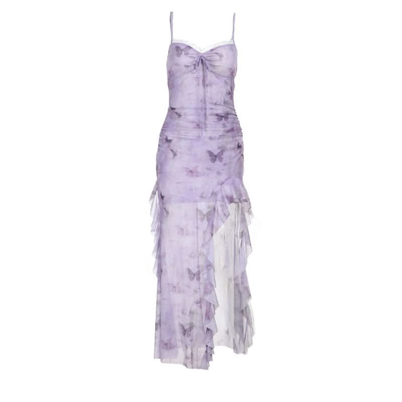 Lace hem slit v neck ruffle butterfly print maxi dress