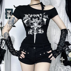 Short sleeve bat print irregular black top