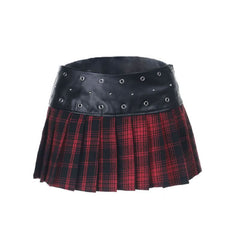 Pleated A line PU leather plaid mini skirt