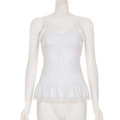 Ruched lace hem v neck white cami top