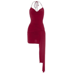 Cowl neck halter self tie irregular mini dress