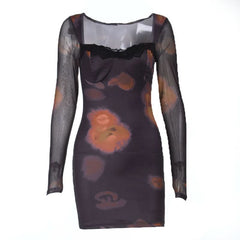 Long sleeve lace hem print v neck mini dress