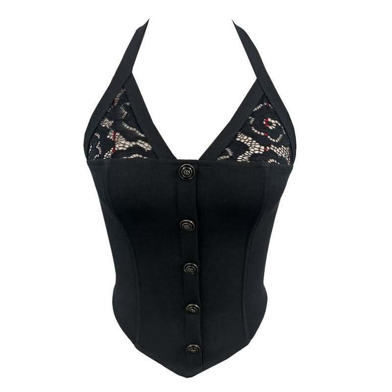 Halter self tie v neck hollow out black cut out top