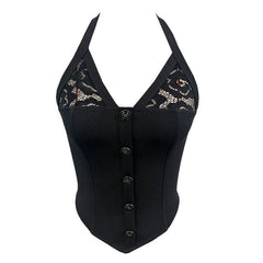 Halter self tie v neck hollow out black cut out top