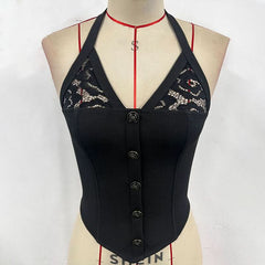 Halter self tie v neck hollow out black cut out top