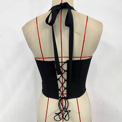 Halter self tie v neck hollow out black cut out top
