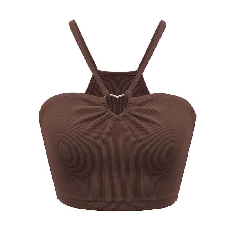 Ribbed hollow out ruched solid cami cut out top