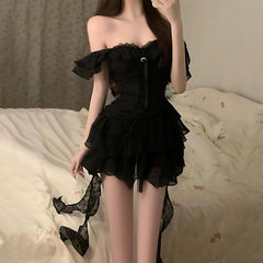 Ruffle irregular v neck ruched solid mini dress