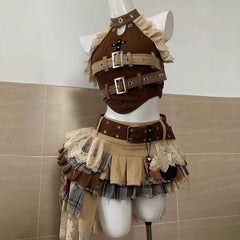 Lace hem buckle hollow out pleated mini skirt set