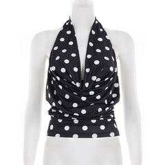 Polka dot halter ruched backless top
