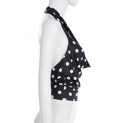Polka dot halter ruched backless top