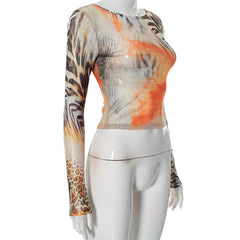 Long sleeve crewneck print mesh top