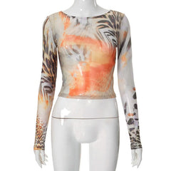Long sleeve crewneck print mesh top